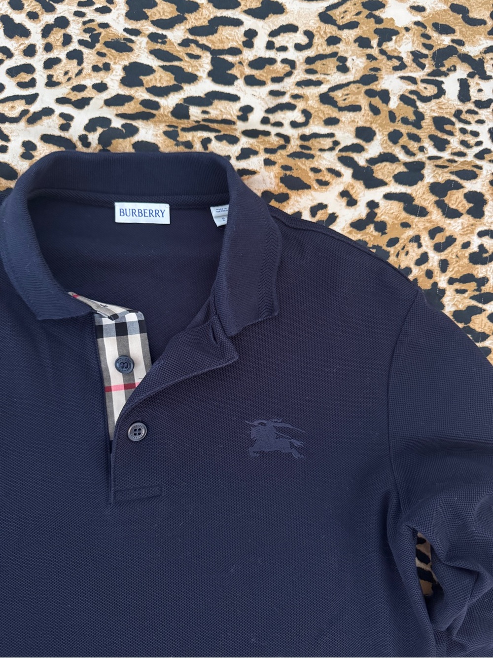 Burberry Navy Polo with Signature Plaid Trim - Picture 2 of 6